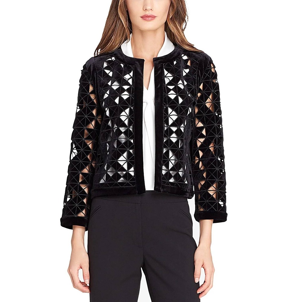 Tahari ASL Black Velvet Jacket Open Front Cutout Office Party Elegant 14W NWT‎